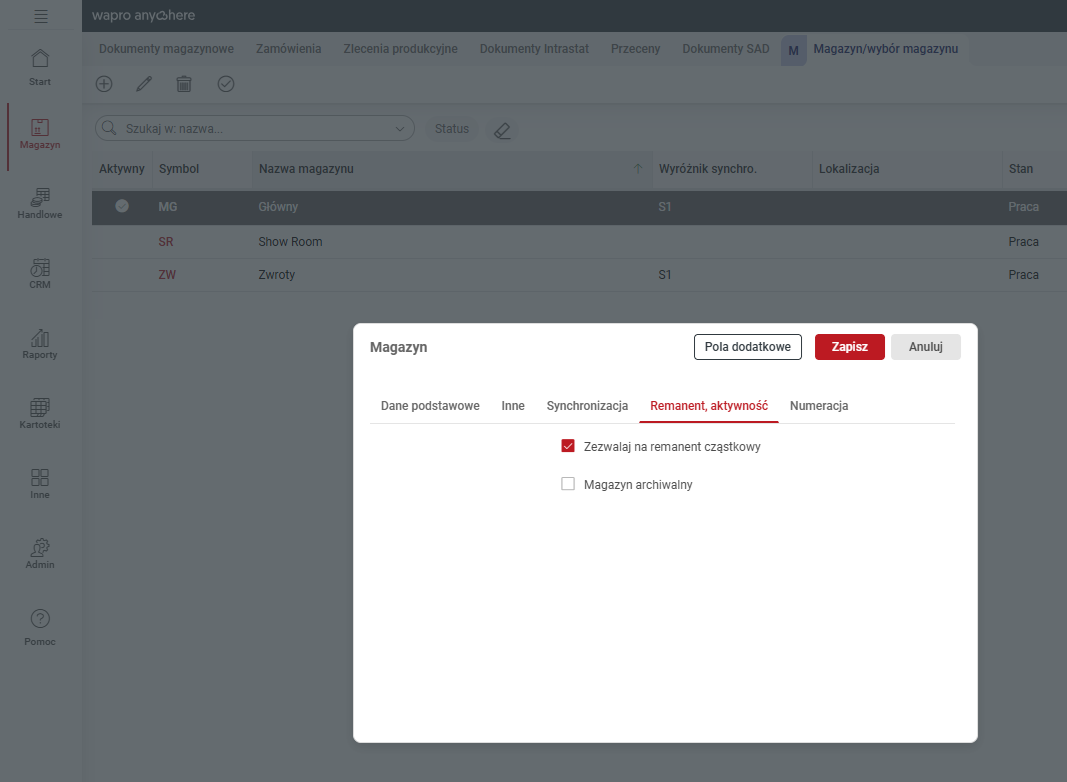 Formatka konfiguracji parametrów remanentu cząstkowego w Mag Anywhere