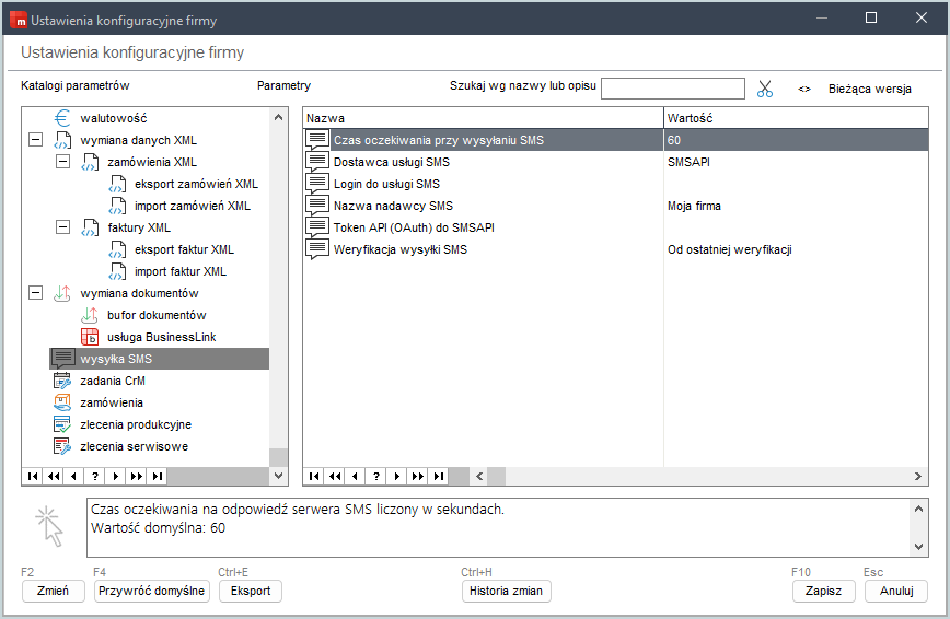 Ustawienie parametrów wysyłki SMS w konfiguracji firmy w Wapro Mag