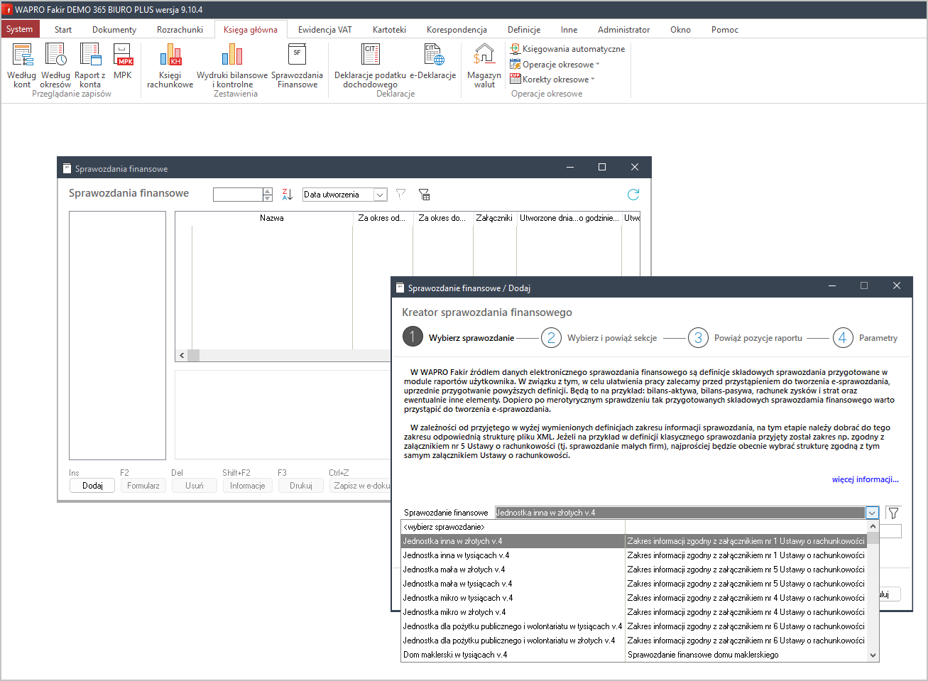 Wybór rodzaju sprawozdania finansowego w Wapro Fakir