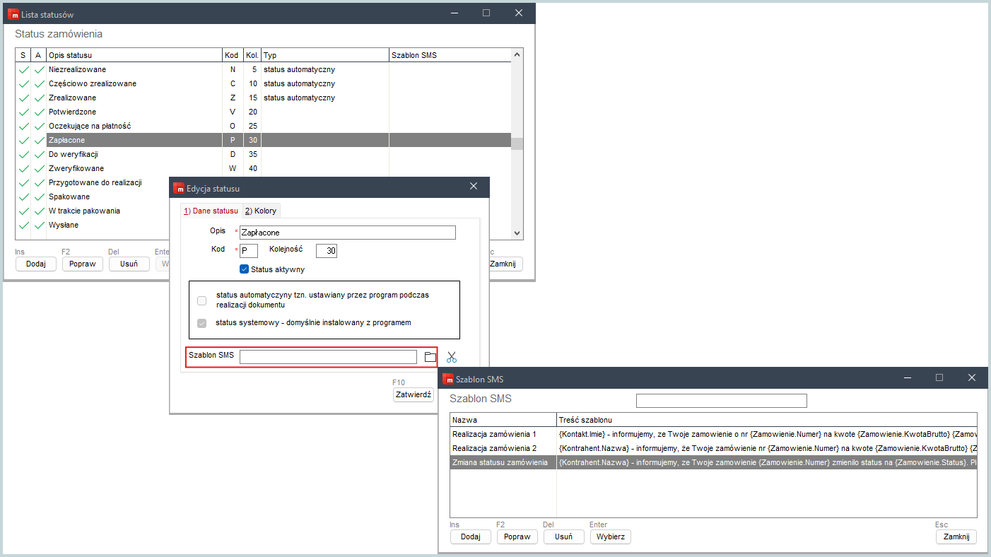 Przypisanie szablonów wiadomości SMS do statusów zamówień w Wapro Mag