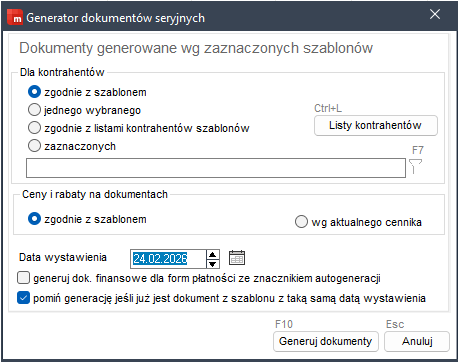 Formatka generowania dokumentów seryjnych w Wapro Mag