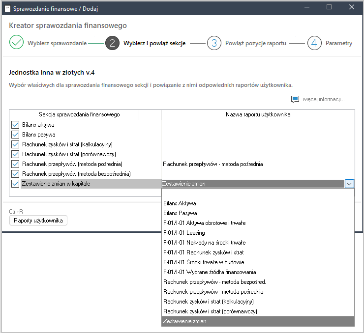 Wybór i powiązanie sekcji w sprawozdaniu finansowym w Wapro Fakir