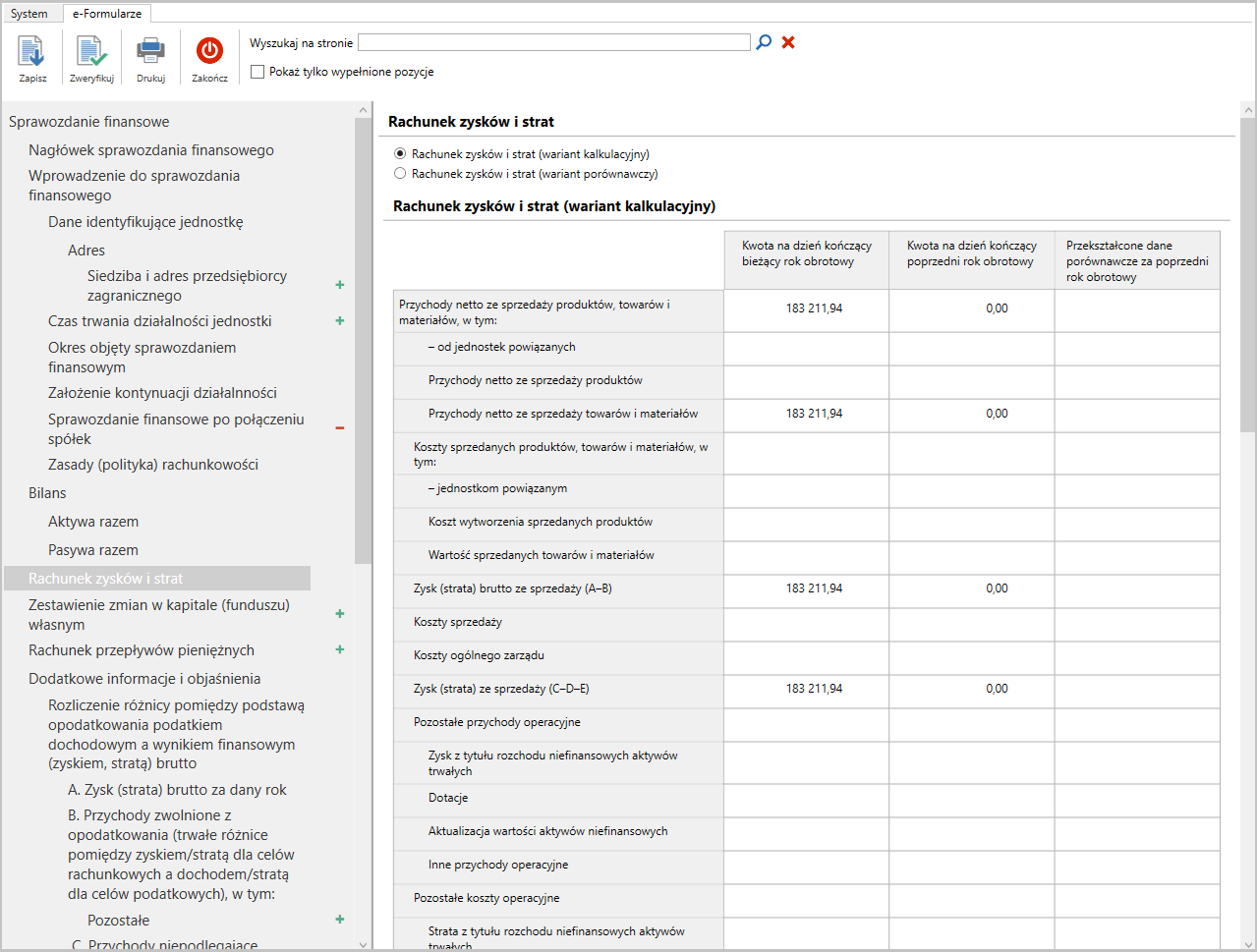 E-formularz sprawozdania finansowego w Wapro Fakir