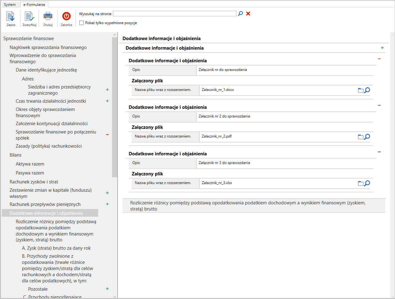 E-formularz sprawozdania finansowego z załącznikami w Wapro Fakir