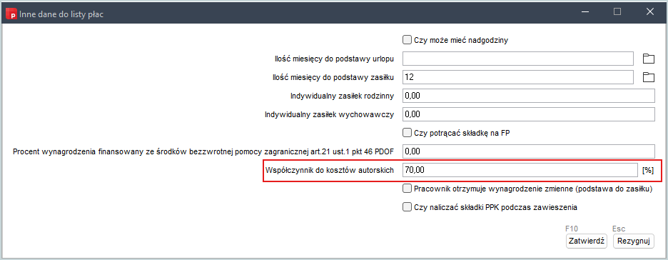 Formatka definiowania innych danych do listy płac w Wapro Gang