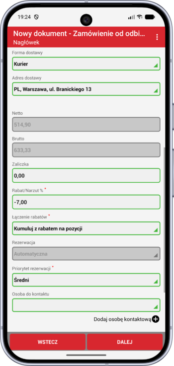 obrazek18.06 Widok dokumentu zamówienia w Wapro Mobile pokazujący zarządzanie rabatem, warunkami handlowymi, adresem dostawy, formą płatności i parametrami sprzedaży wspierającymi kontrolę marży oraz politykę rabatową firmy.