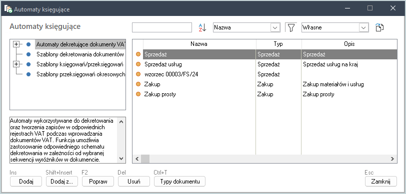 Definicje automatów dekretujących w Wapro Fakir
