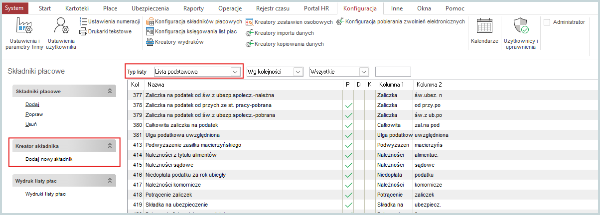 Okno uruchamiania kreatora tworzenia składników płacowych w Wapro Gang