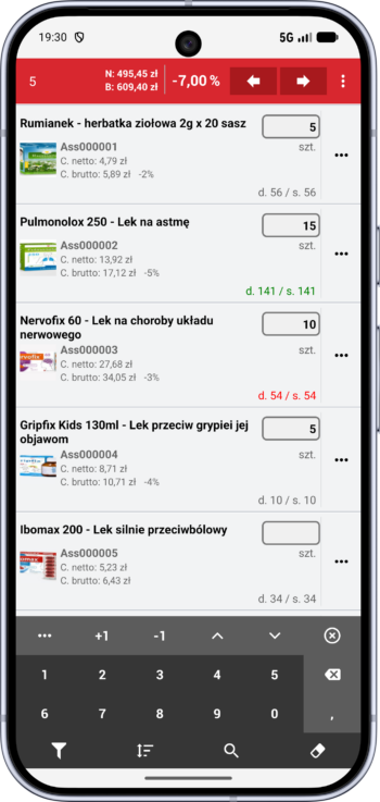 obrazek28.06 Wapro Mobile – zamówienie od odbiorcy z aktywnym rabatem dokumentu, podglądem cen netto i brutto, stanów magazynowych oraz ilości produktów dodawanych do zamówienia przez przedstawiciela handlowego.