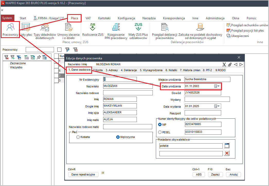 Formatka wprowadzania daty urodzenia w Wapro Kaper