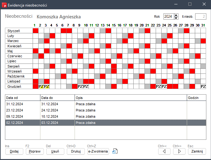 obrazek2 Okno Ewidencji nieobecności Wapro Gang z wyróżnionymi dniami pracy zdalnej