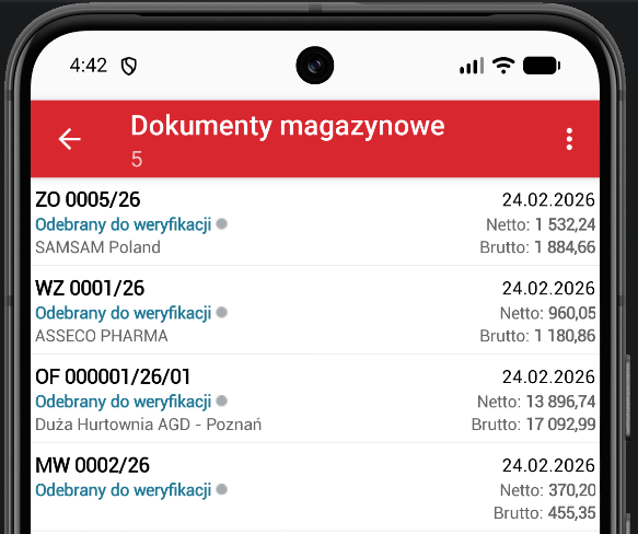 Okno dokumentów odebranych do weryfikacji w Wapro Mobile Mag