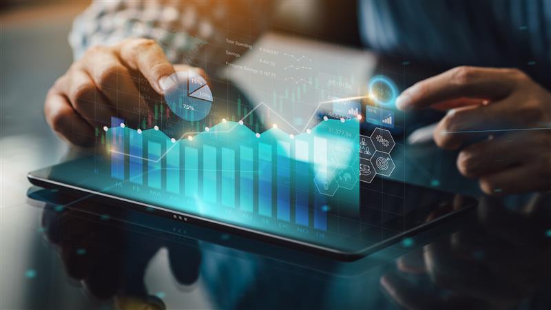 Holograficzny wykres Wykres finansowy – wizualizacja danych, wskaźników ROI i analizy wyników inwestycji.