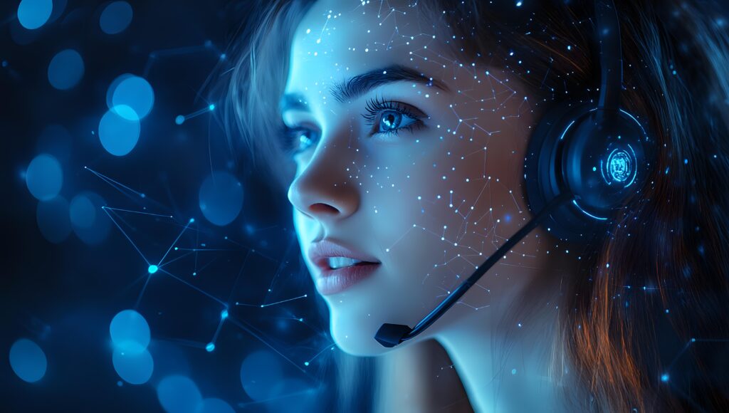 Young woman in headset illuminated by blue neon light against dark background with bokeh effect and glowing particles, side view profile portrait. Młoda kobieta w zestawie słuchawkowym oświetlona niebieskim światłem neonowym na ciemnym tle.