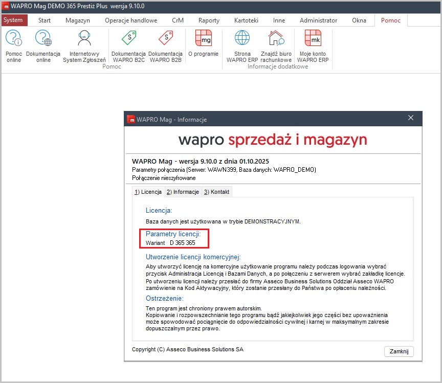 Parametry licencji Okno programu Wapro ERP z numerem licencji