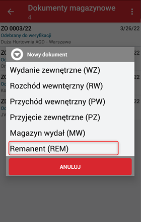 Ekran tworzenia dokumentu REM w Mobilnym magazynierze