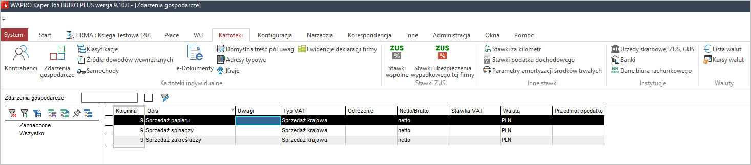 Widok przeglądarki zdarzeń gospodarczych w Wapro Kaper w 2026 r.