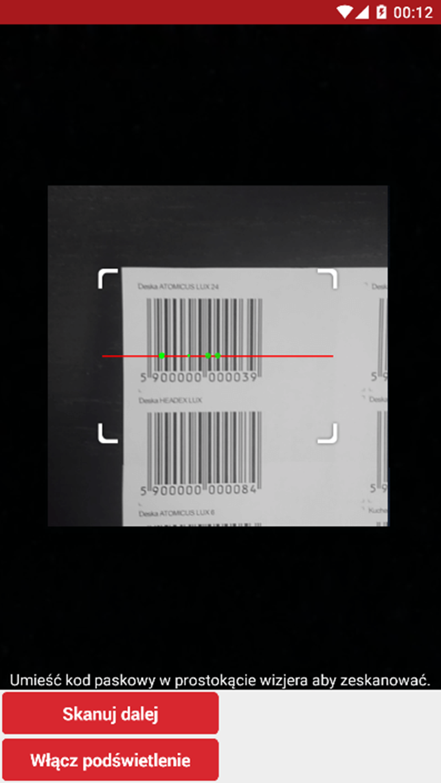 Ekran skanowania kodów kreskowych w Mobilnym magazynierze