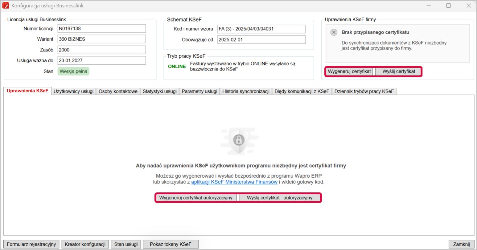 Okno wprowadzania certyfikatu KSeF w Wapro Mag