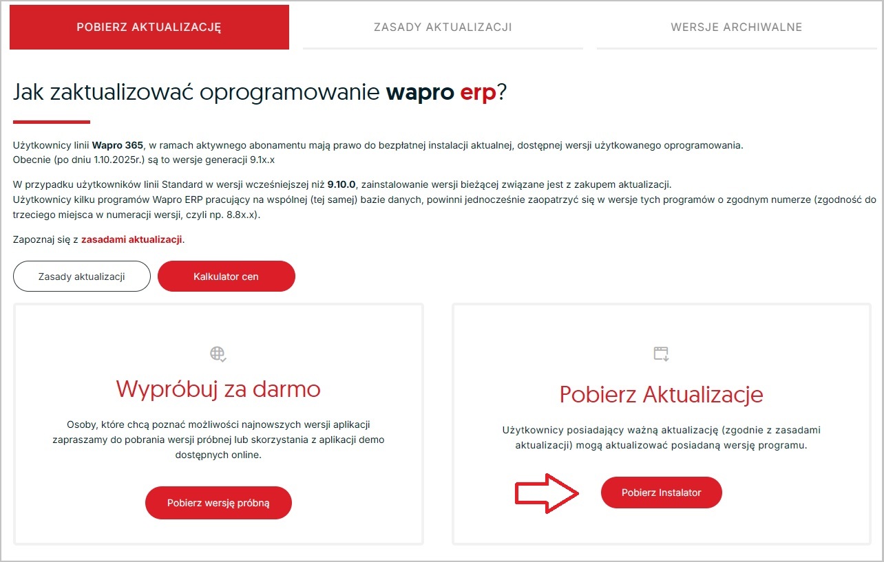 Okno pobierania Instalatora Wapro ERP