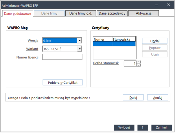 Administrator Wapro ERP – dane podstawowe