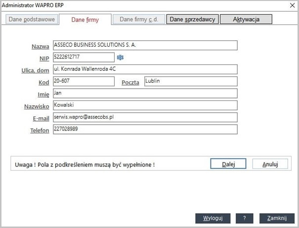 Administrator Wapro ERP – dane firmy