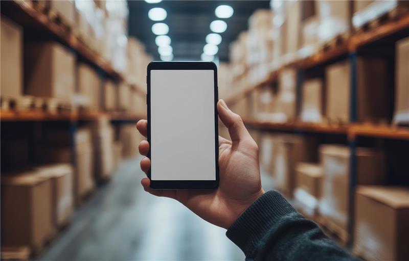 1355x868 Ręka trzymająca smartfon z pustym ekranem w dużym magazynie ze stosami kartonowych pudeł