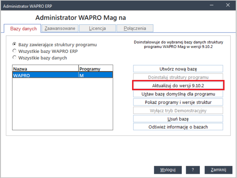Administrator Wapro ERP – bazy danych