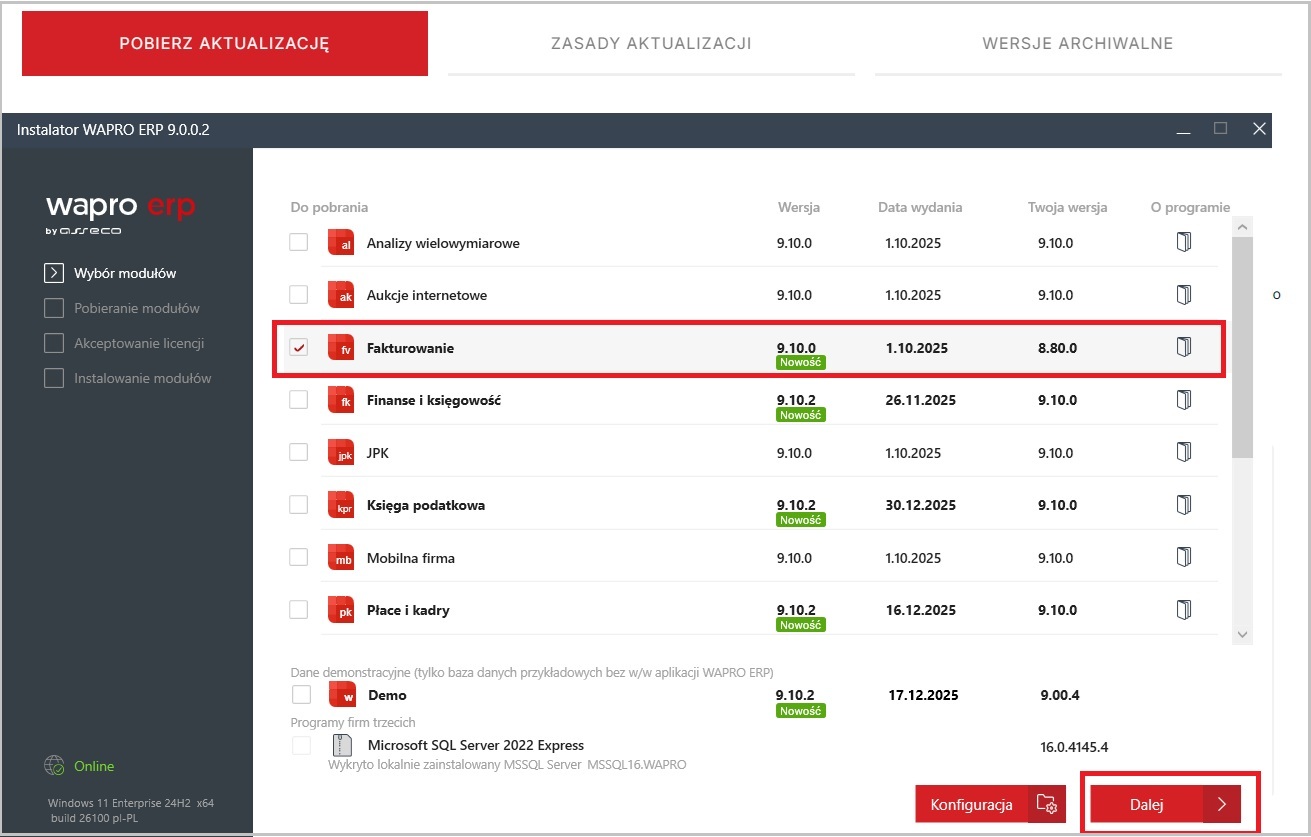 2 Instalator Wapro ERP – zaznaczony program Fakturowanie