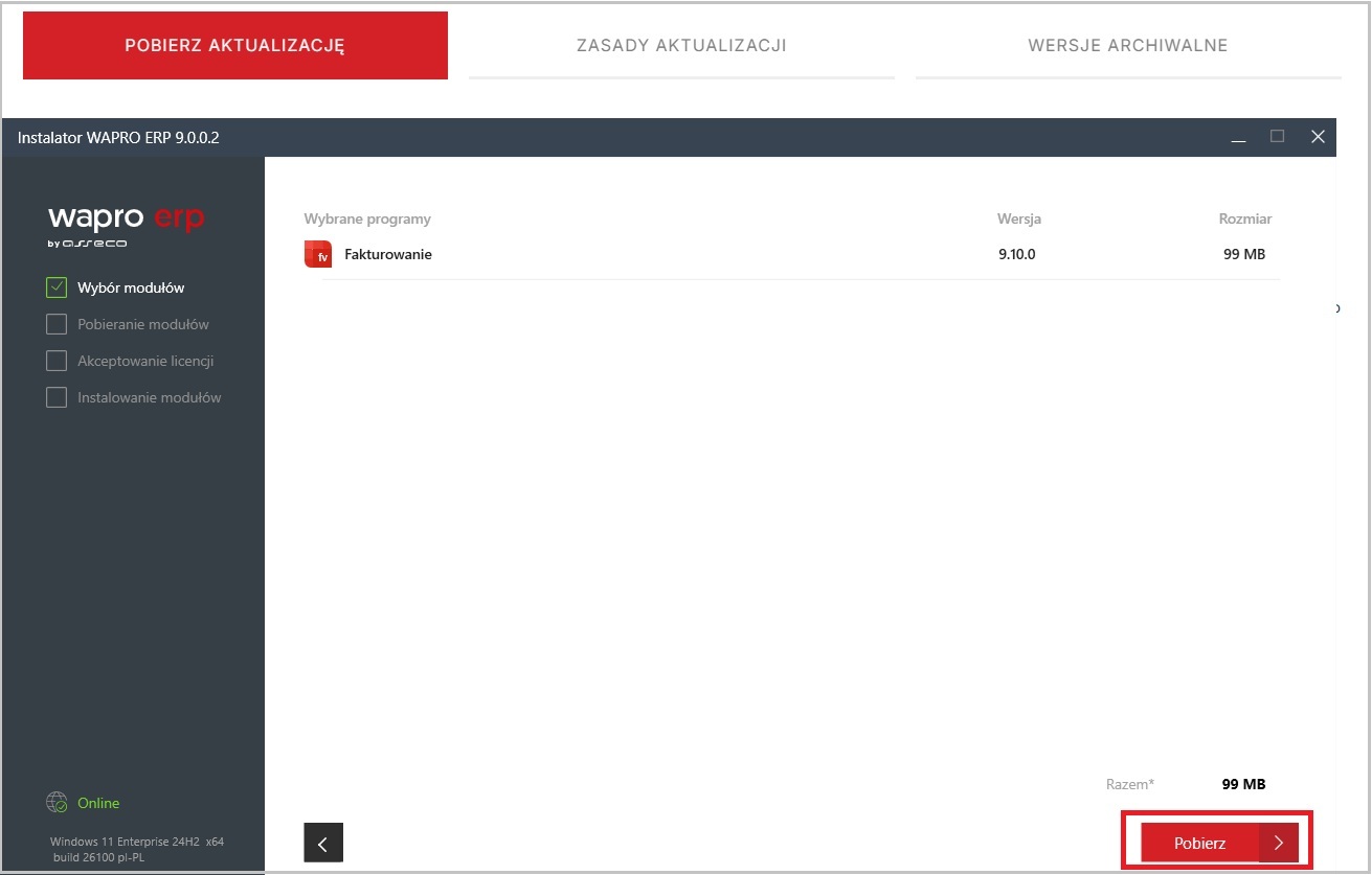 3 Instalator Wapro ERP – pobieranie programu Fakturowanie