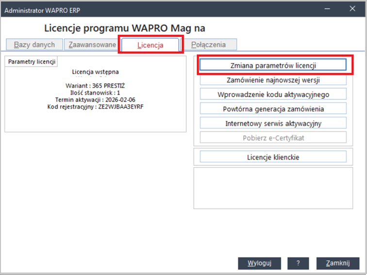 Administrator Wapro ERP parametry licencji