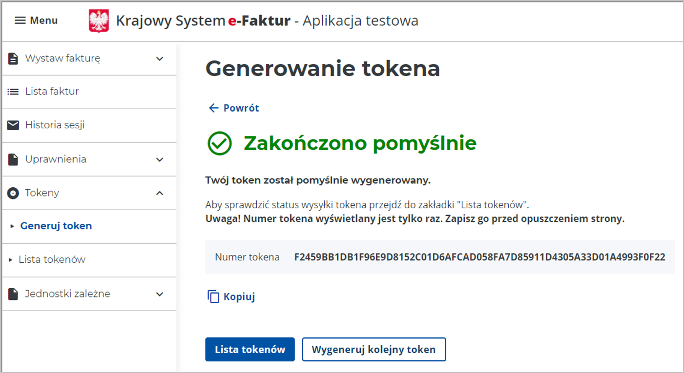 Obraz tokena wygenerowanego na stronie Ministerstwa Finansów