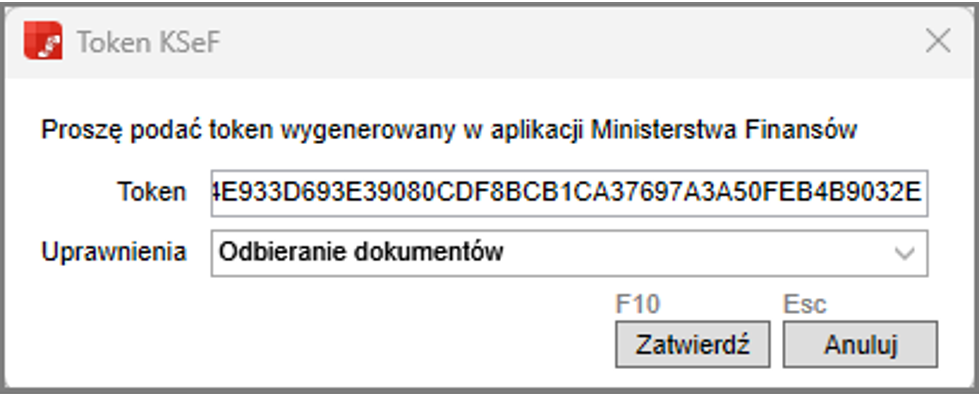 Formatka wprowadzania tokena i uprawnień w Wapro ERP