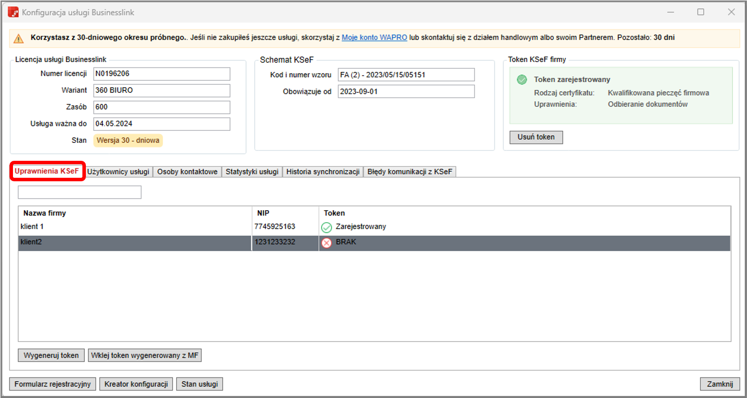 Konfiguracja usługi Businesslink z KSeF – uprawnienia KSeF