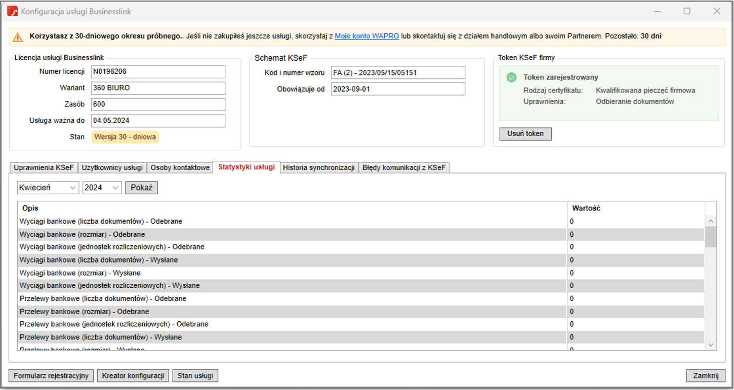 Konfiguracja usługi Businesslink z KSeF – statystyki