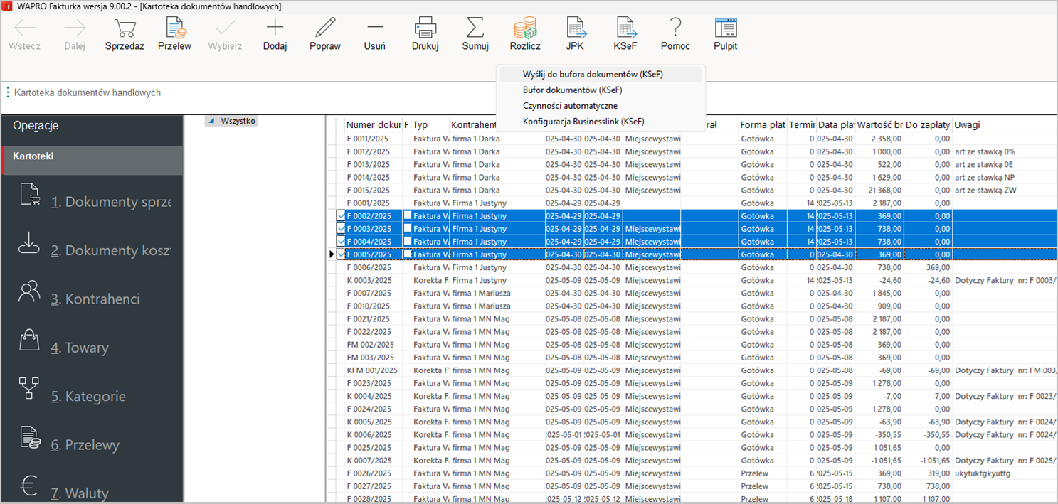Wysyłka danych dokumentów do KSeF z Wapro Fakturka