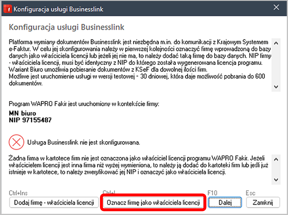 Konfiguracja usługi Businesslink – oznaczenie firmy jako właściciela licencji