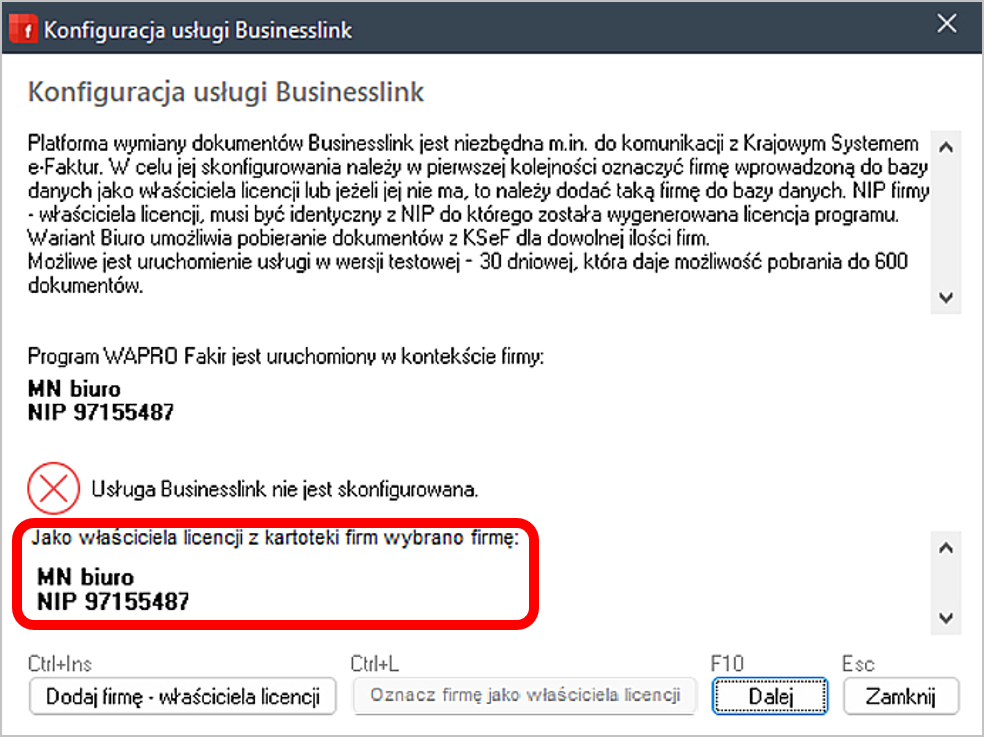 Konfiguracja usługi Businesslink – sprawdzenie poprawności danych firmy