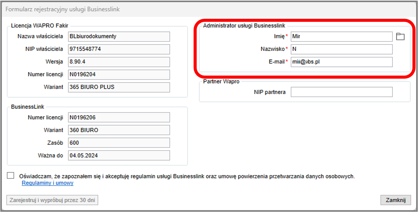 Konfiguracja usługi Businesslink - dane administratora