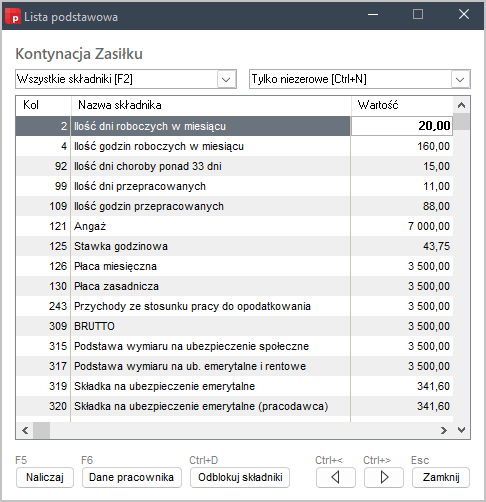 Formatka naliczania listy płac w Wapro Gang – kontynuacja zasiłku