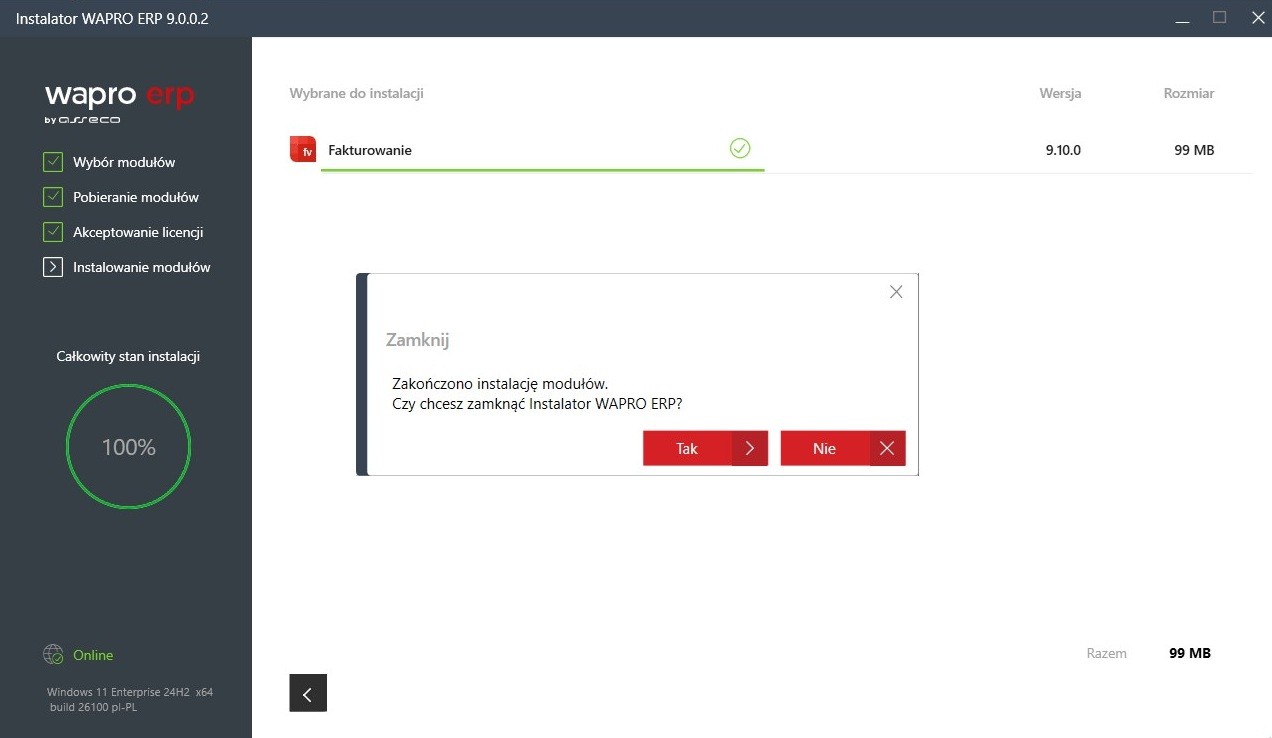 widok Instalator Wapro ERP – zakończenie instalacji