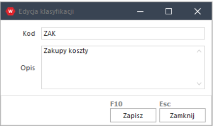 Formatka edycji klasyfikacji w Wapro Fakir