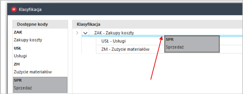 Niebieskie podkreślenie w drzewie klasyfikacji w Wapro Fakir