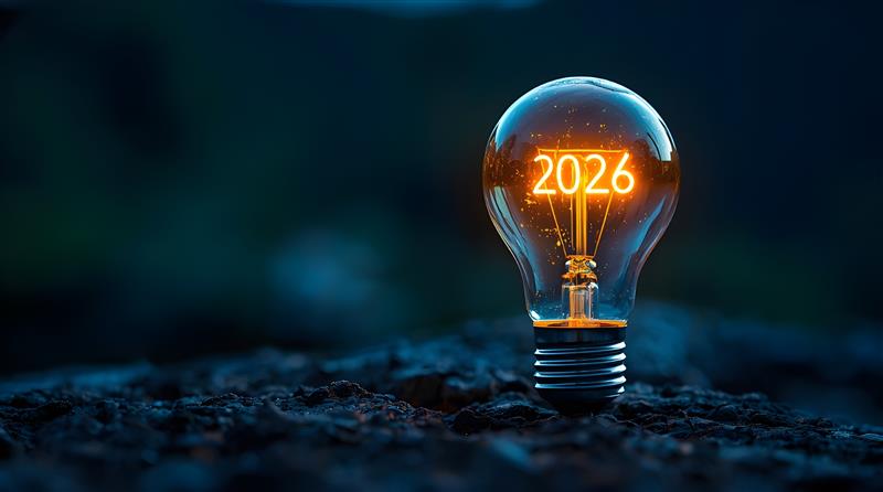 Żarówka pokazująca rok 2026 symbolizująca przyszłość