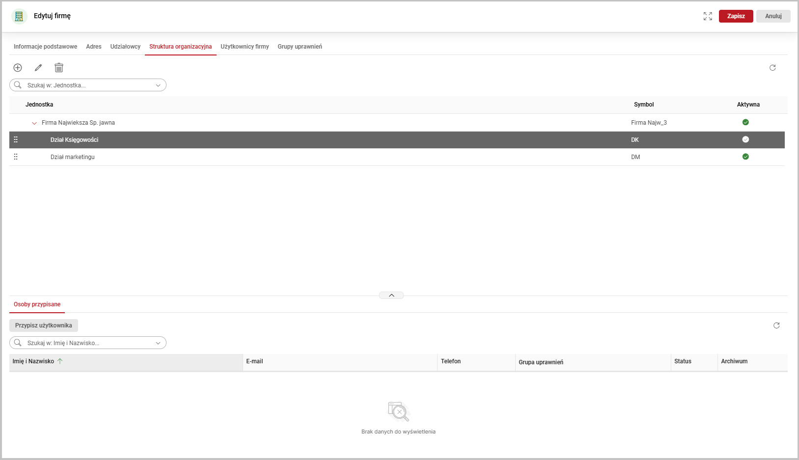 Okno edycji danych firmy z zakładką Struktura organizacyjna w Wapro eBiuro