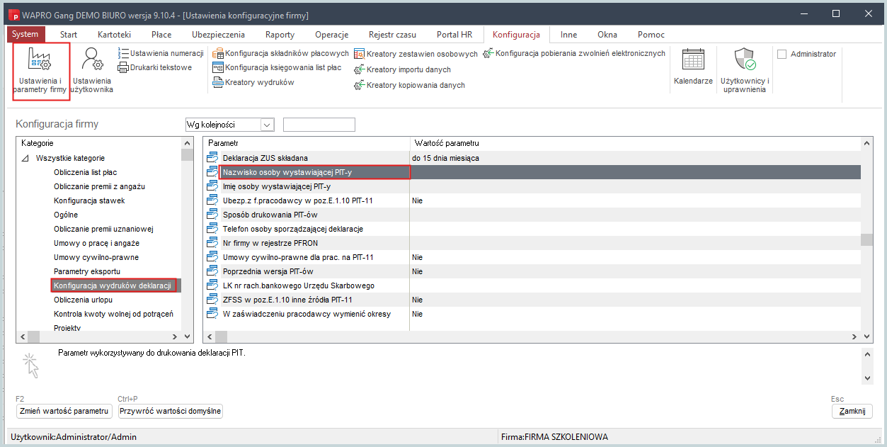 Modyfikowanie danych osoby wysyłającej deklaracje w Wapro Gang