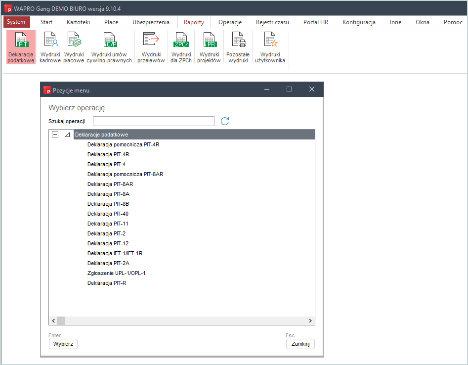 Wybór rodzaju deklaracji do utworzenia w Wapro Gang