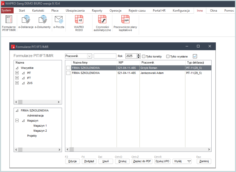 Lista wygenerowanych deklaracji w Wapro Gang
