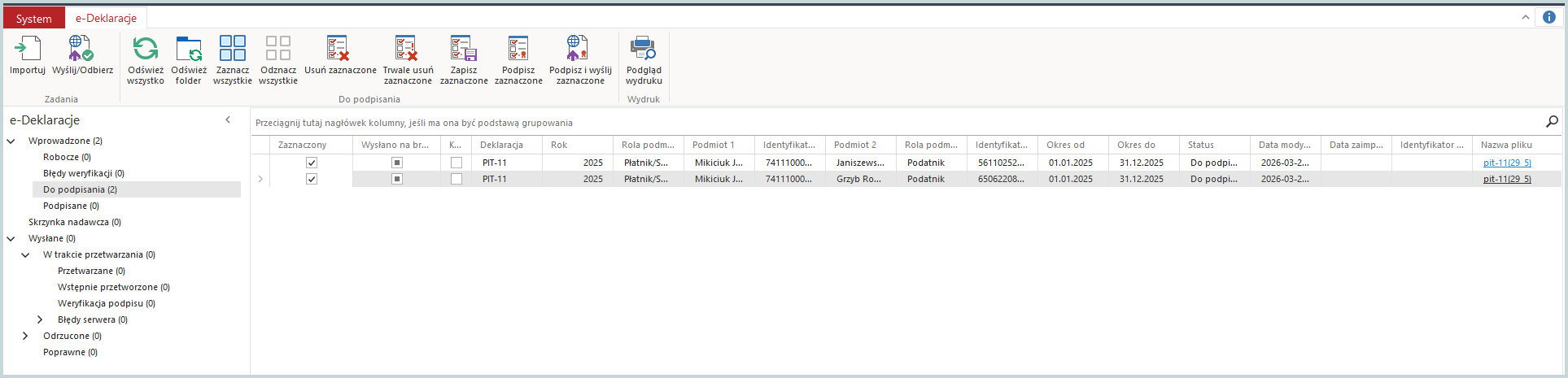 Lista deklaracji gotowych do podpisania w module e-Deklaracje
