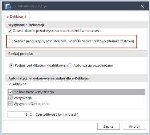 Okno wyboru serwera MF do wysyłki deklaracji w module e-Deklaracje